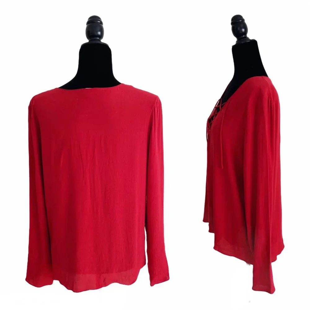 ❤️SOLD NWT Aritzia Wilfred Free Redling Red Tie Lace Neck Long Sleeve Blouse Top - Picture 4 of 13